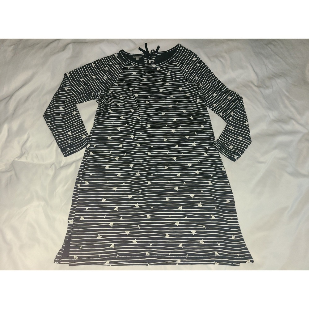 T by Talbots Navy Blue White Striped Floral Lace Up Back French Terry Dress LP